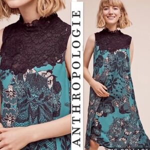 Anthropologie Maeve Green Butterfly‎ Swan Print Black Lace Swing Dress XS